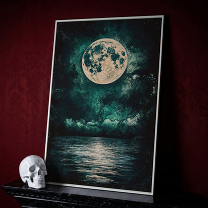 Full Moon Over Still Lake, Painterly Sky Canvas Art in white floating frame