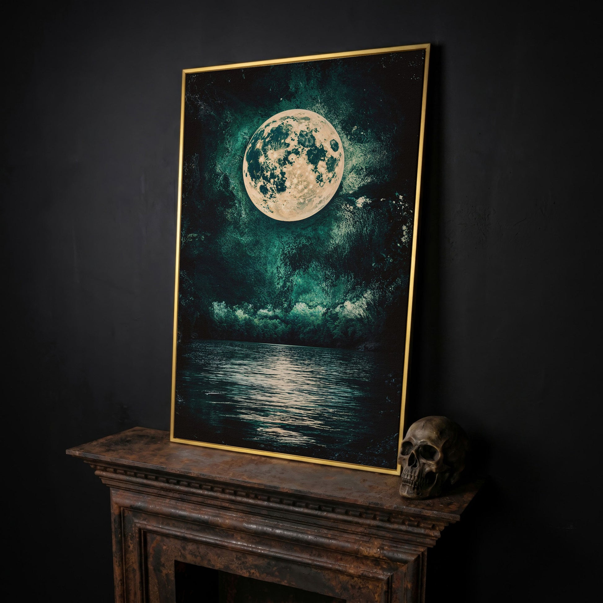 Full Moon Over Still Lake, Painterly Sky Canvas Art in yellow gold floating frame