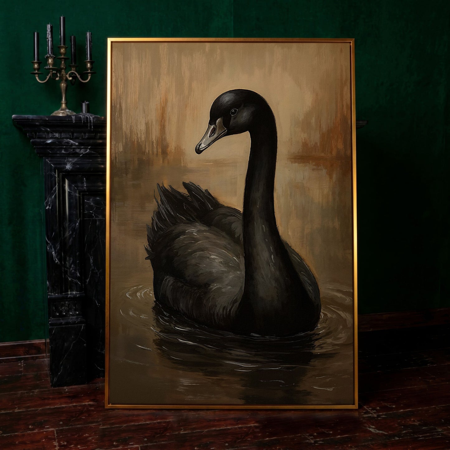 Black Swan Portrait Canvas in antique gold floating frame