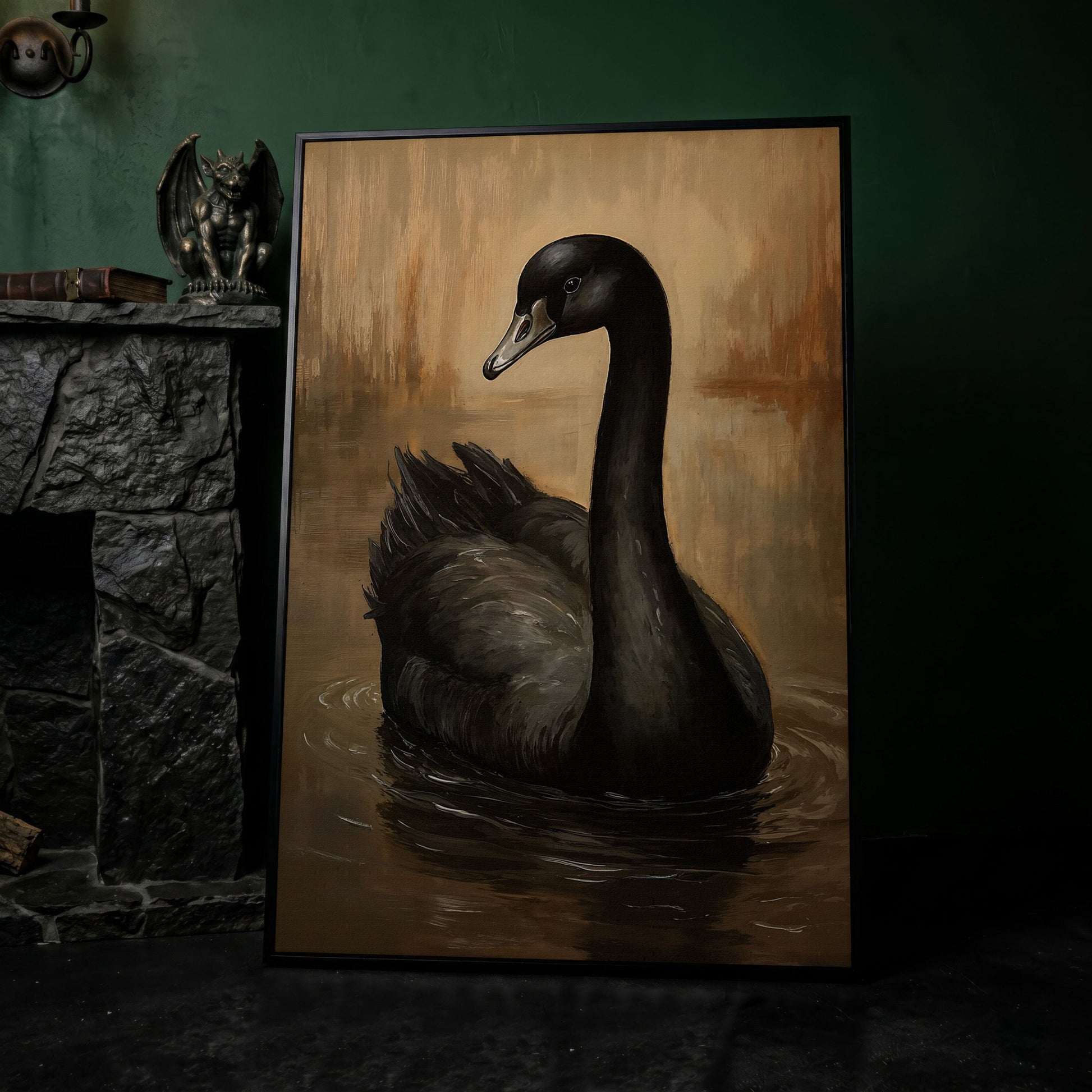 Black Swan Portrait Canvas in black floating frame