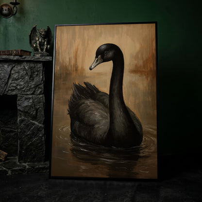 Black Swan Portrait Canvas in black floating frame