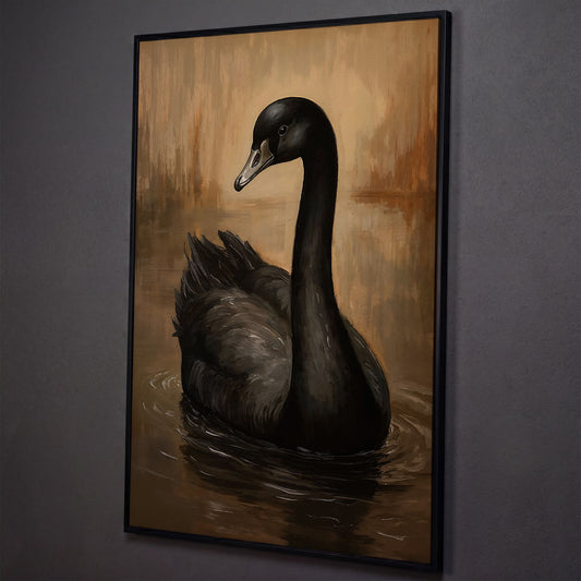 Black Swan Portrait Canvas shown in black floating frame