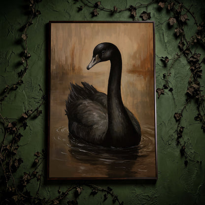 Black Swan Portrait Canvas in dark walnut floating frame