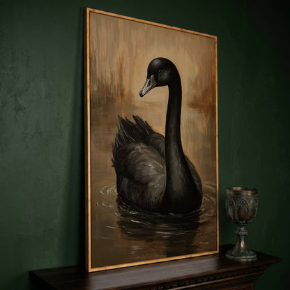 Black Swan Portrait Canvas in white oak floating frame