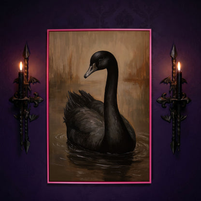 Black Swan Portrait Canvas in pink floating frame