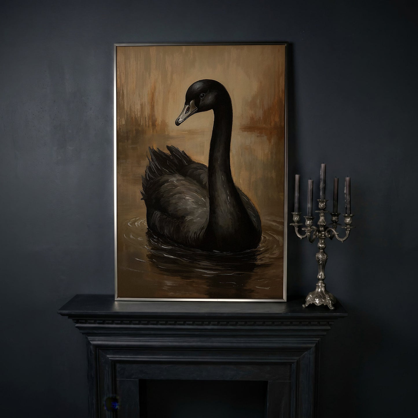 Black Swan Portrait Canvas in silver floating frame
