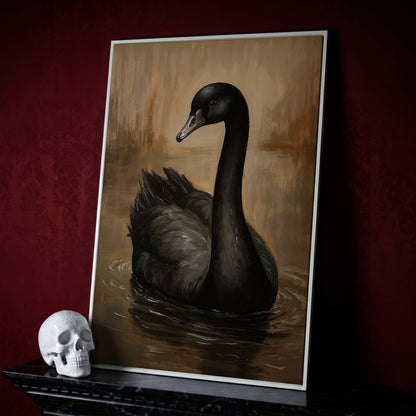 Black Swan Portrait Canvas in white floating frame