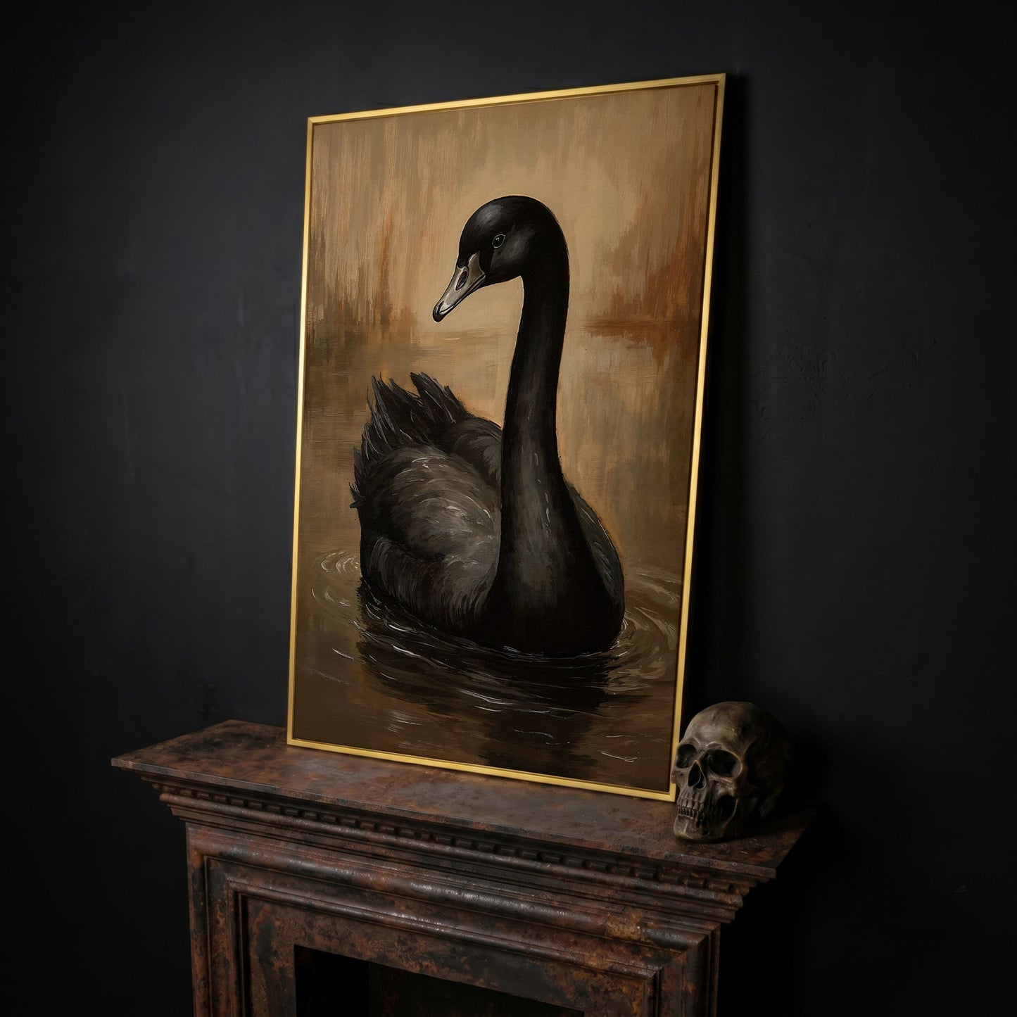Black Swan Portrait Canvas in yellow gold floating frame