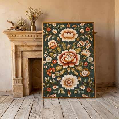 Art Nouveau Floral Canvas in Teal and Sienna in antique gold floating frame