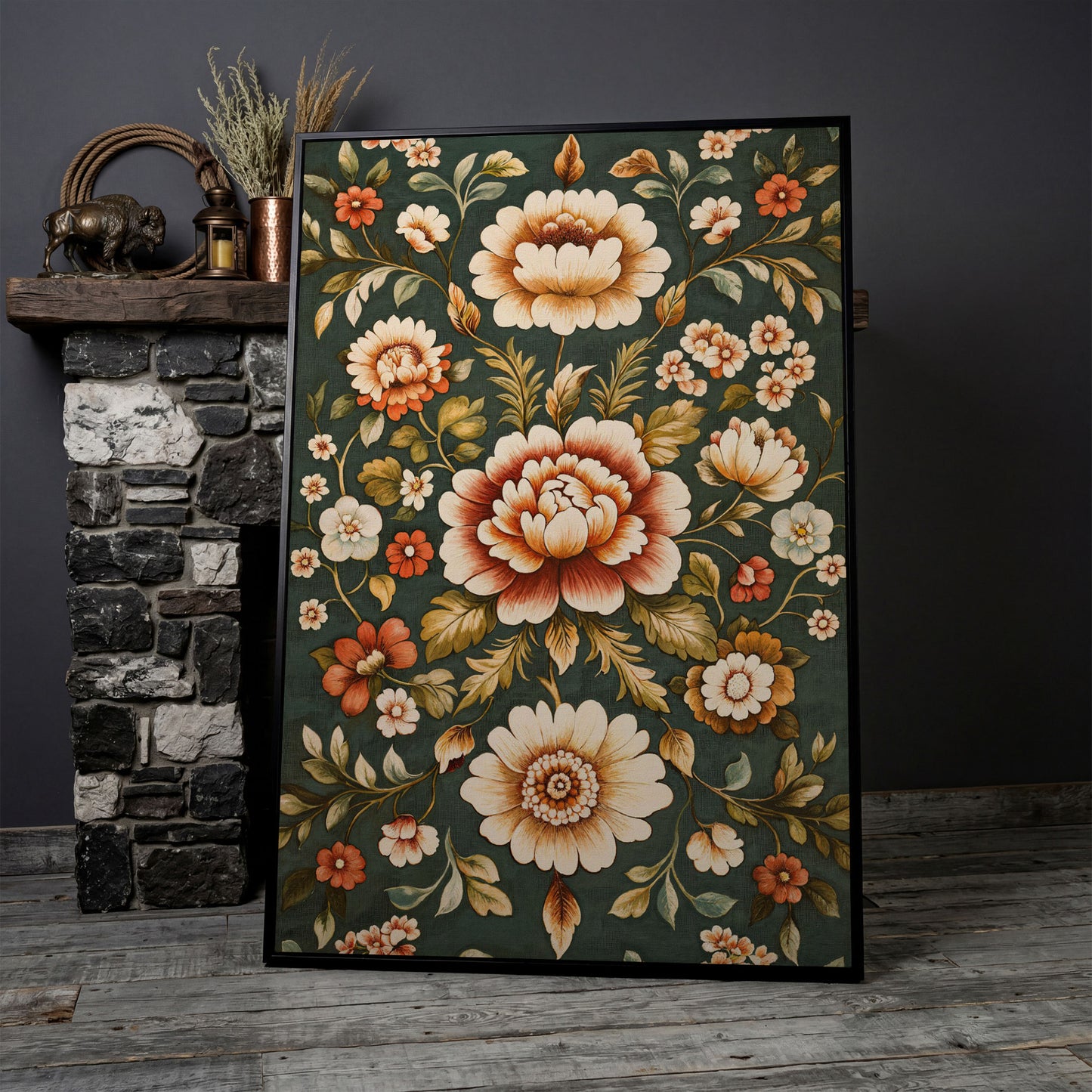 Art Nouveau Floral Canvas in Teal and Sienna in black floating frame