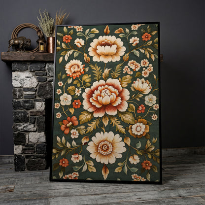 Art Nouveau Floral Canvas in Teal and Sienna in black floating frame
