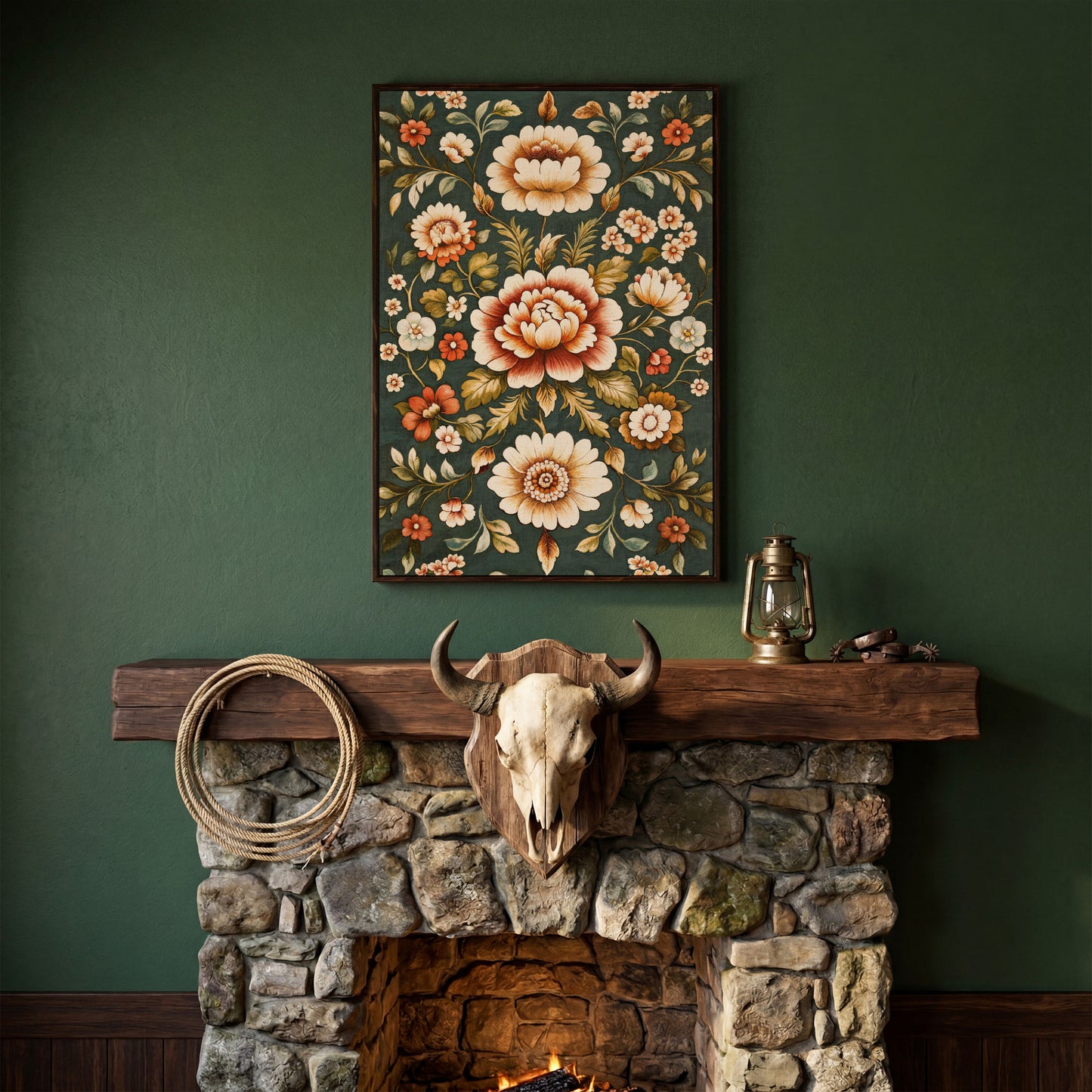 Art Nouveau Floral Canvas in Teal and Sienna in dark walnut floating frame