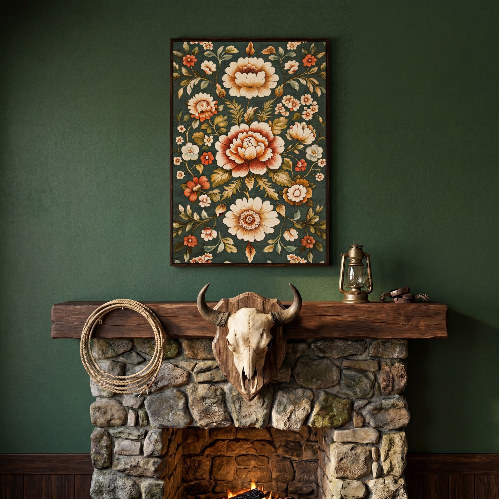 Art Nouveau Floral Canvas in Teal and Sienna in dark walnut floating frame