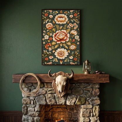 Art Nouveau Floral Canvas in Teal and Sienna in dark walnut floating frame