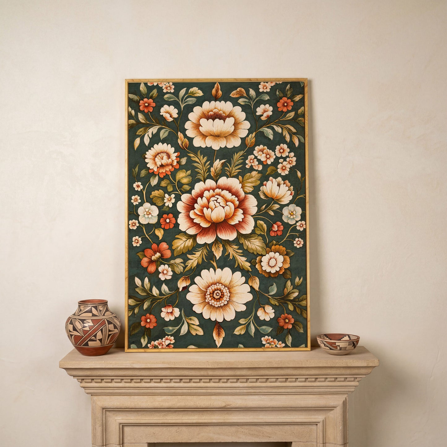 Art Nouveau Floral Canvas in Teal and Sienna in white oak floating frame
