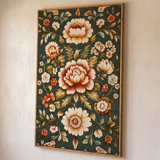 Art Nouveau Floral Canvas in Teal and Sienna shown in white oak floating frame