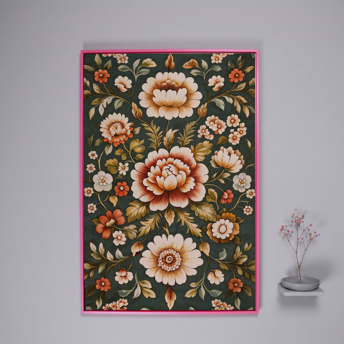 Art Nouveau Floral Canvas in Teal and Sienna in pink floating frame