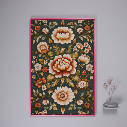 Art Nouveau Floral Canvas in Teal and Sienna in pink floating frame