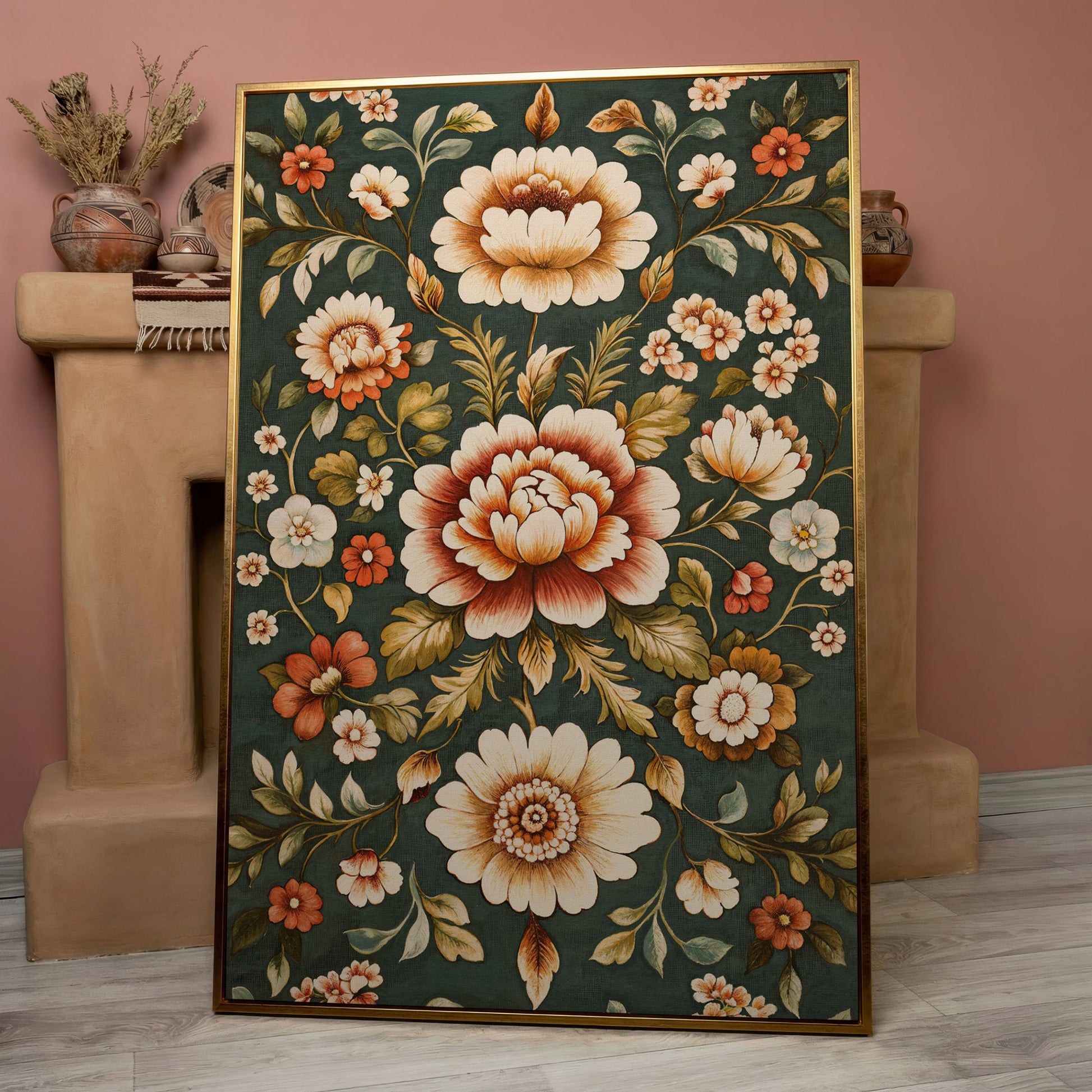 Art Nouveau Floral Canvas in Teal and Sienna in rose gold floating frame