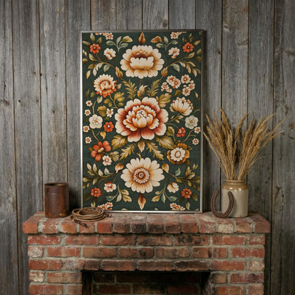 Art Nouveau Floral Canvas in Teal and Sienna in silver floating frame