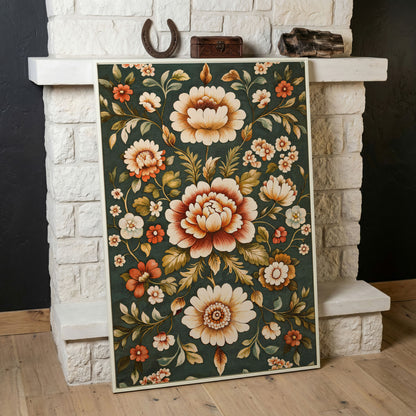 Art Nouveau Floral Canvas in Teal and Sienna in white floating frame