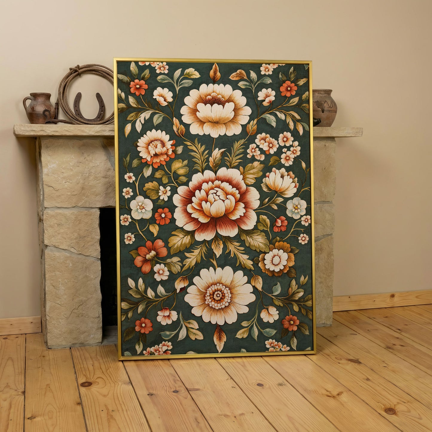 Art Nouveau Floral Canvas in Teal and Sienna in yellow gold floating frame