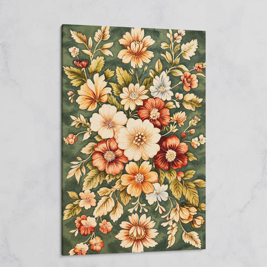 Vintage Floral Blooms Canvas Print with Olive & Sienna Palette on gallery wrap