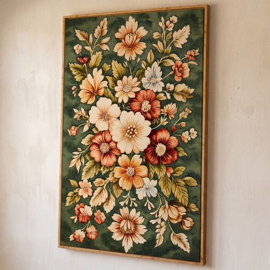 Vintage Floral Blooms Canvas Print with Olive & Sienna Palette shown in white oak floating frame