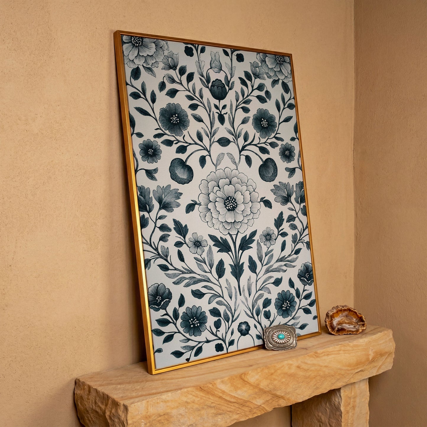 William Morris Floral Canvas Art, Botanical Leaves and Stems in antique gold floating frame