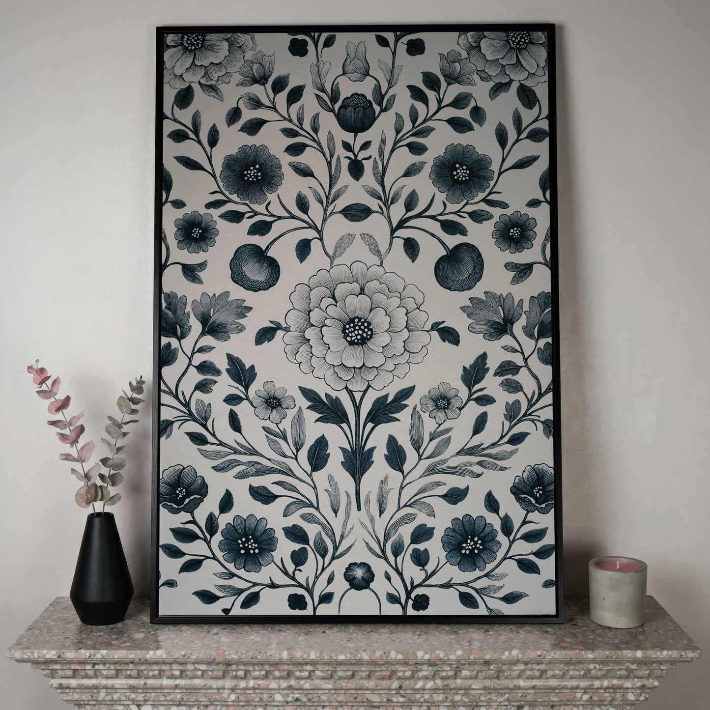 William Morris Floral Canvas Art, Botanical Leaves and Stems in black floating frame