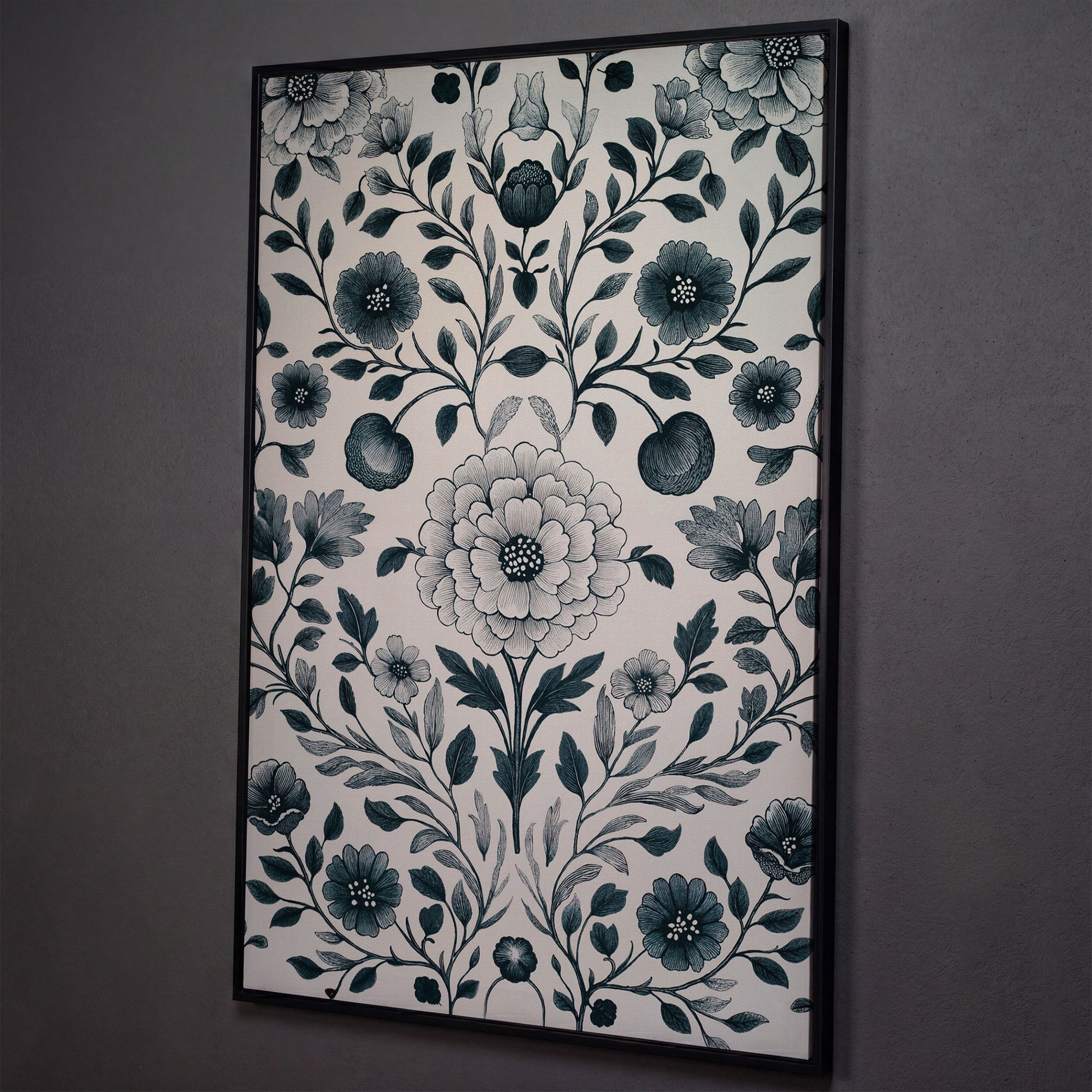 William Morris Floral Canvas Art, Botanical Leaves and Stems shown in black floating frame