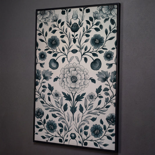 William Morris Floral Canvas Art, Botanical Leaves and Stems shown in black floating frame
