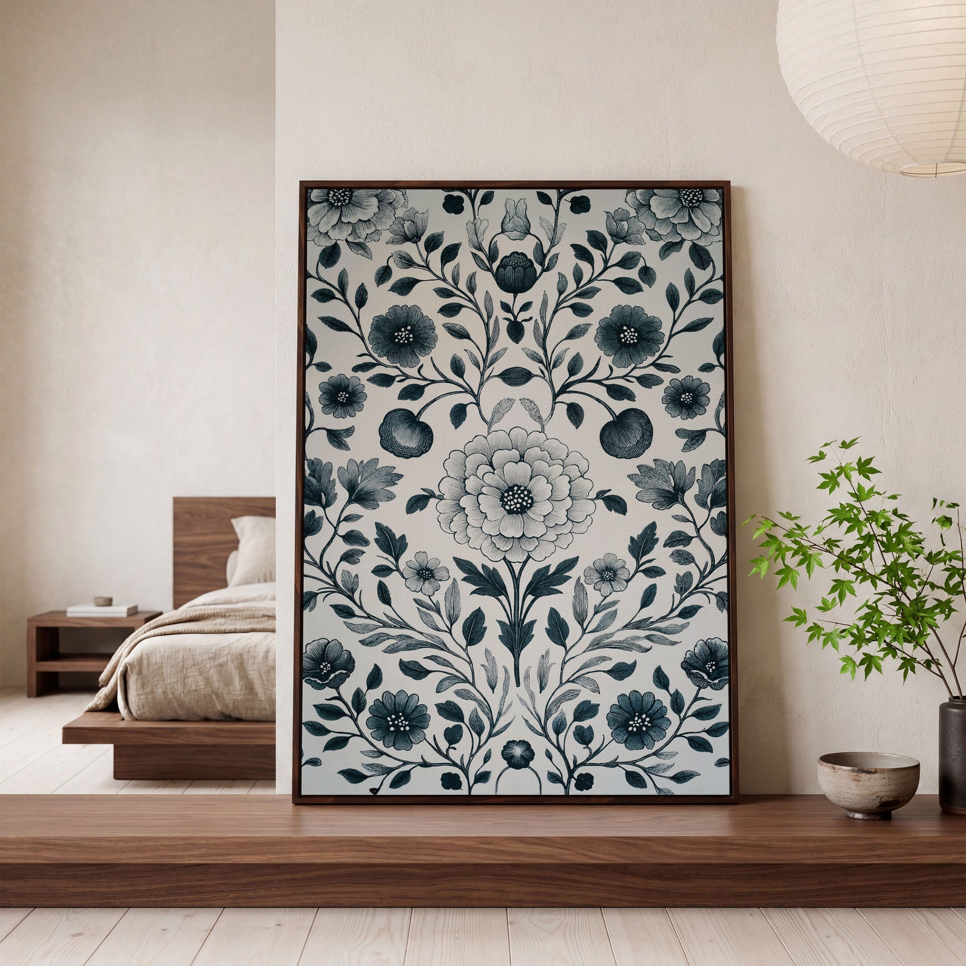 William Morris Floral Canvas Art, Botanical Leaves and Stems in dark walnut floating frame