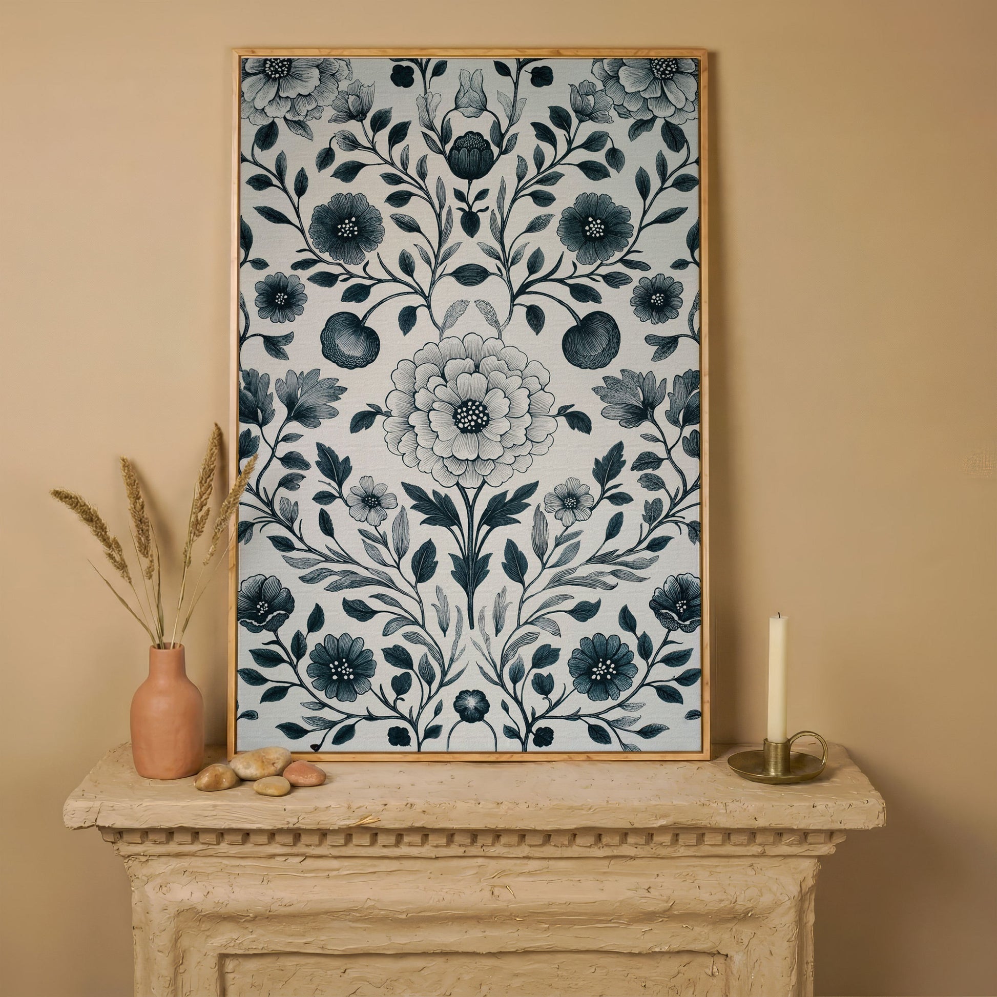 William Morris Floral Canvas Art, Botanical Leaves and Stems in white oak floating frame