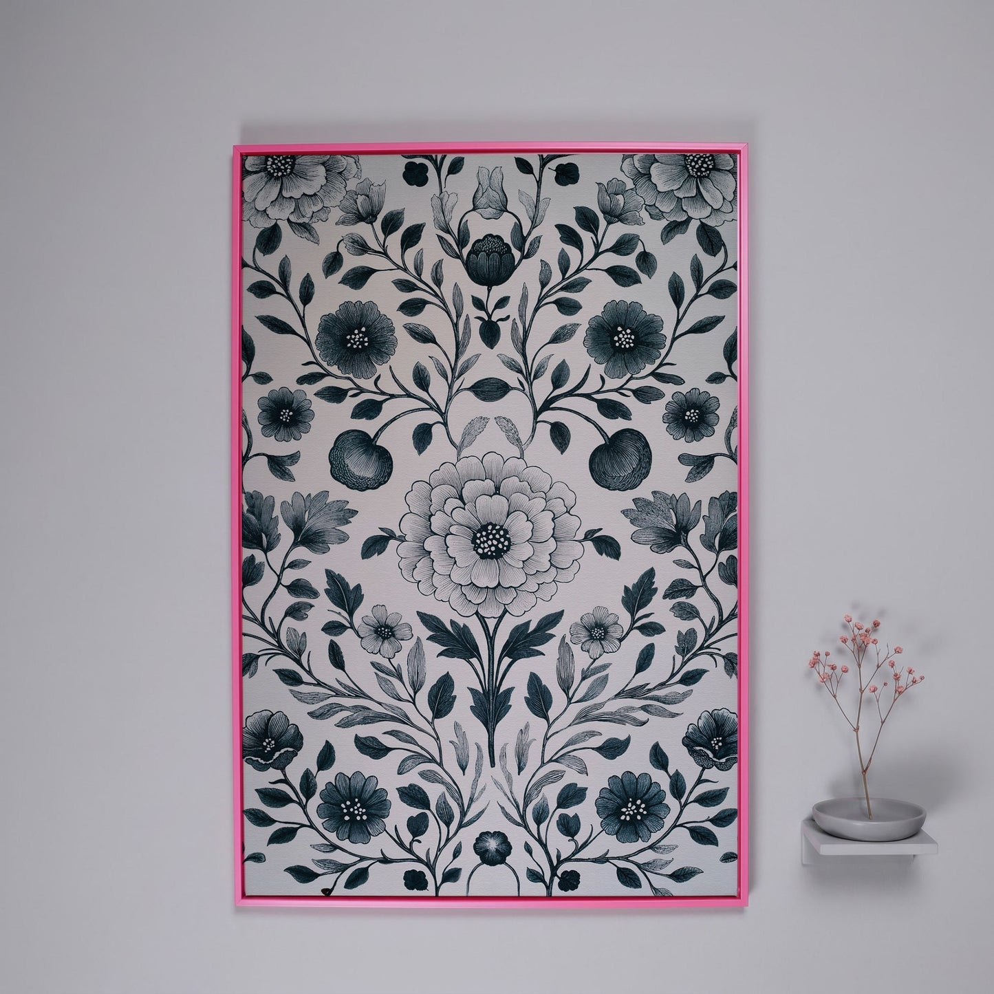 William Morris Floral Canvas Art, Botanical Leaves and Stems in pink floating frame