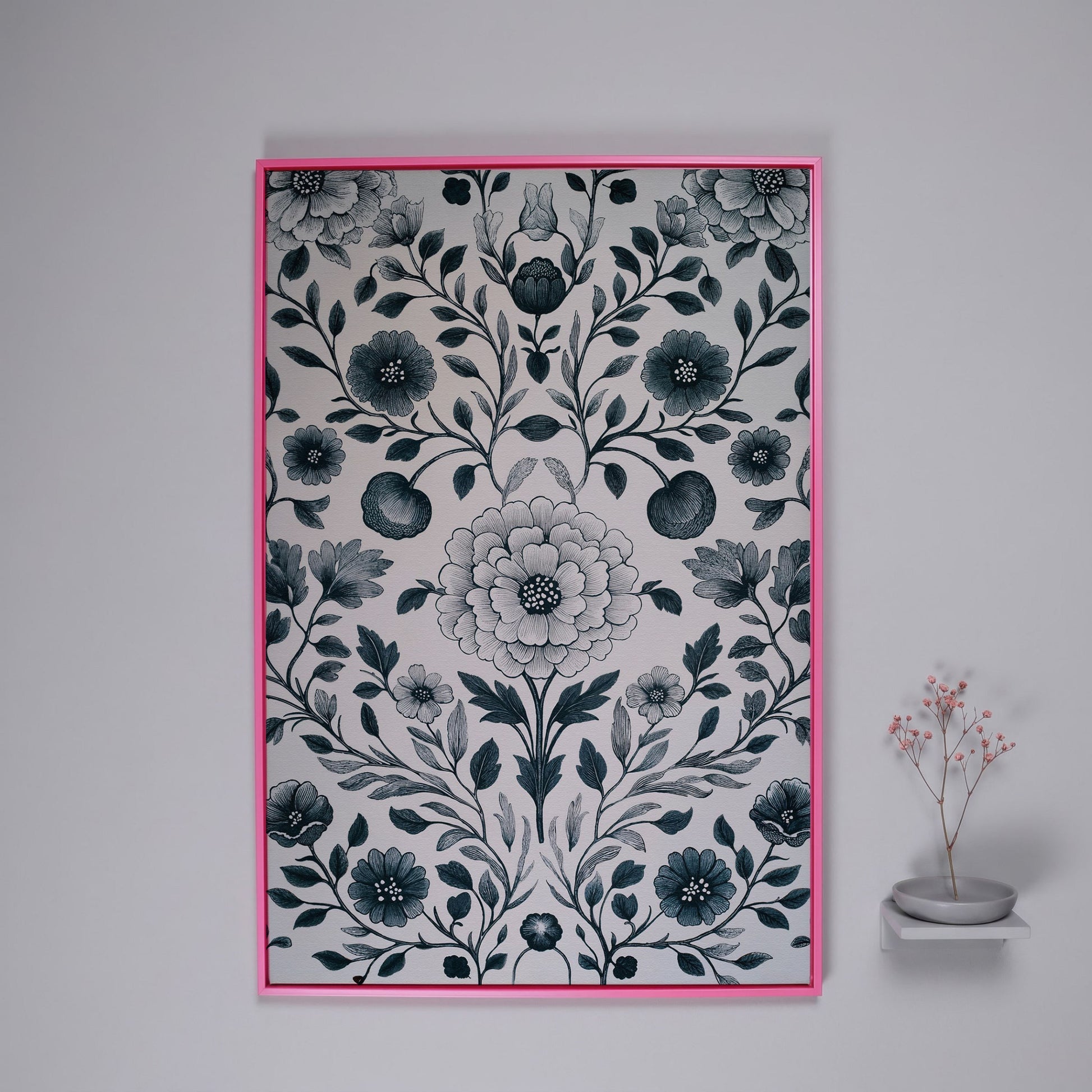 William Morris Floral Canvas Art, Botanical Leaves and Stems in pink floating frame