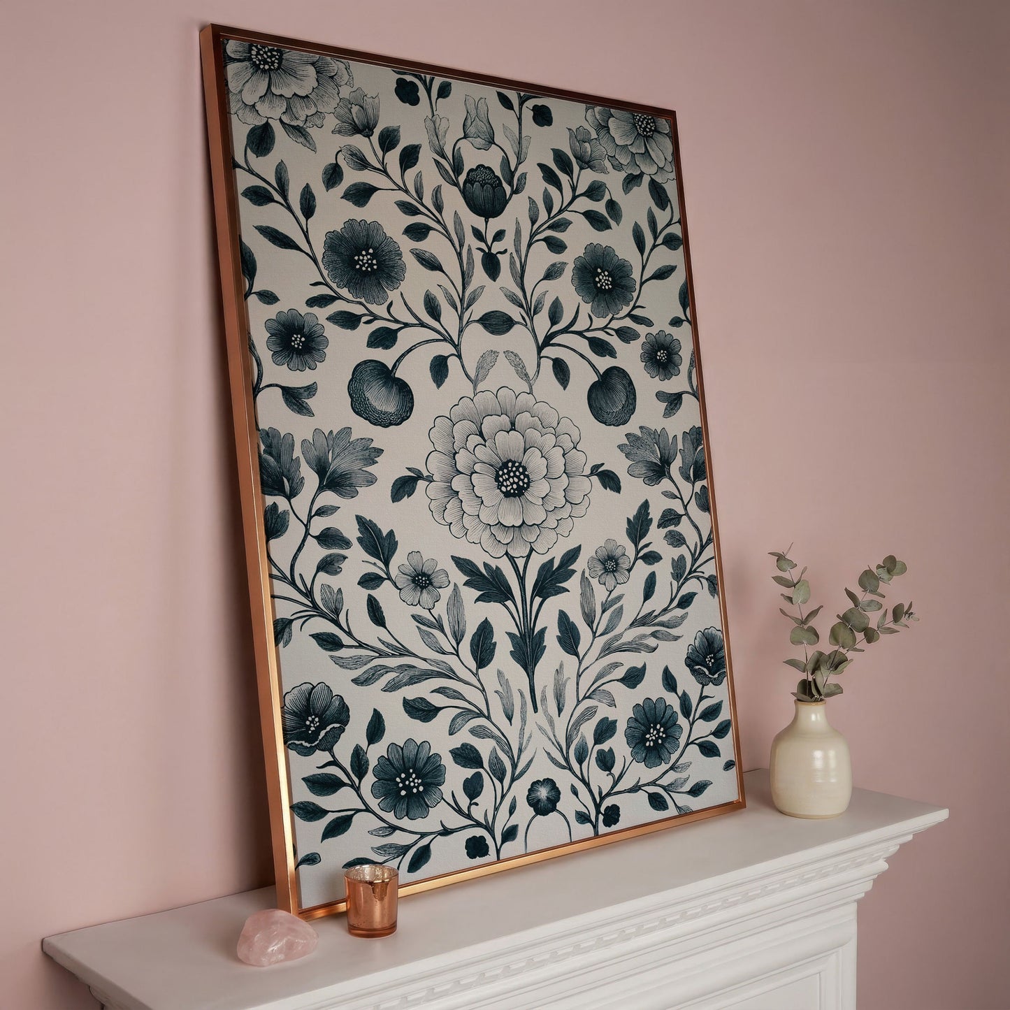 William Morris Floral Canvas Art, Botanical Leaves and Stems in rose gold floating frame