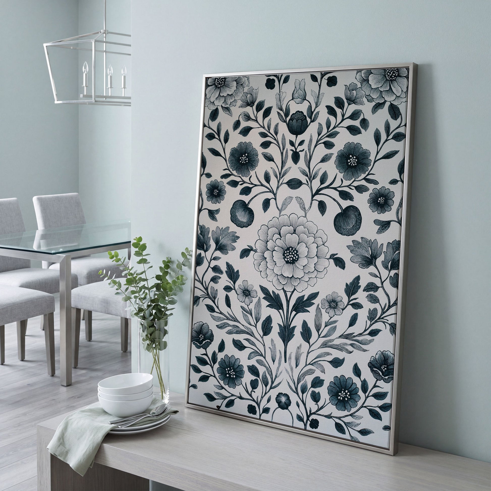 William Morris Floral Canvas Art, Botanical Leaves and Stems in silver floating frame