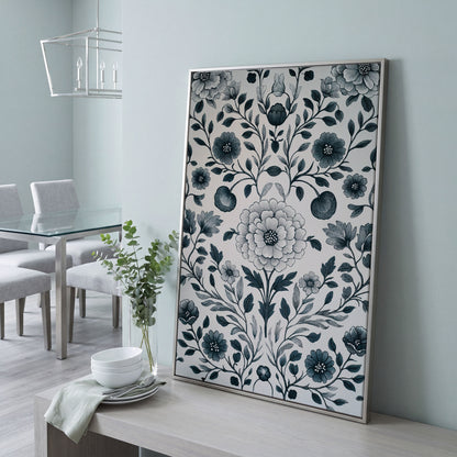 William Morris Floral Canvas Art, Botanical Leaves and Stems in silver floating frame