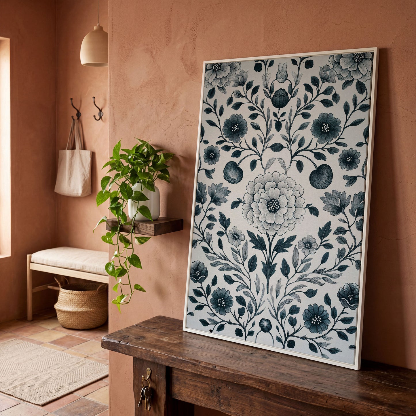 William Morris Floral Canvas Art, Botanical Leaves and Stems in white floating frame