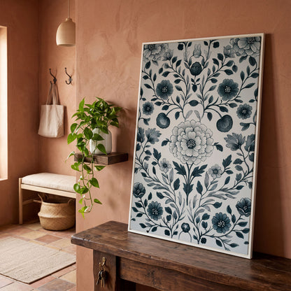 William Morris Floral Canvas Art, Botanical Leaves and Stems in white floating frame