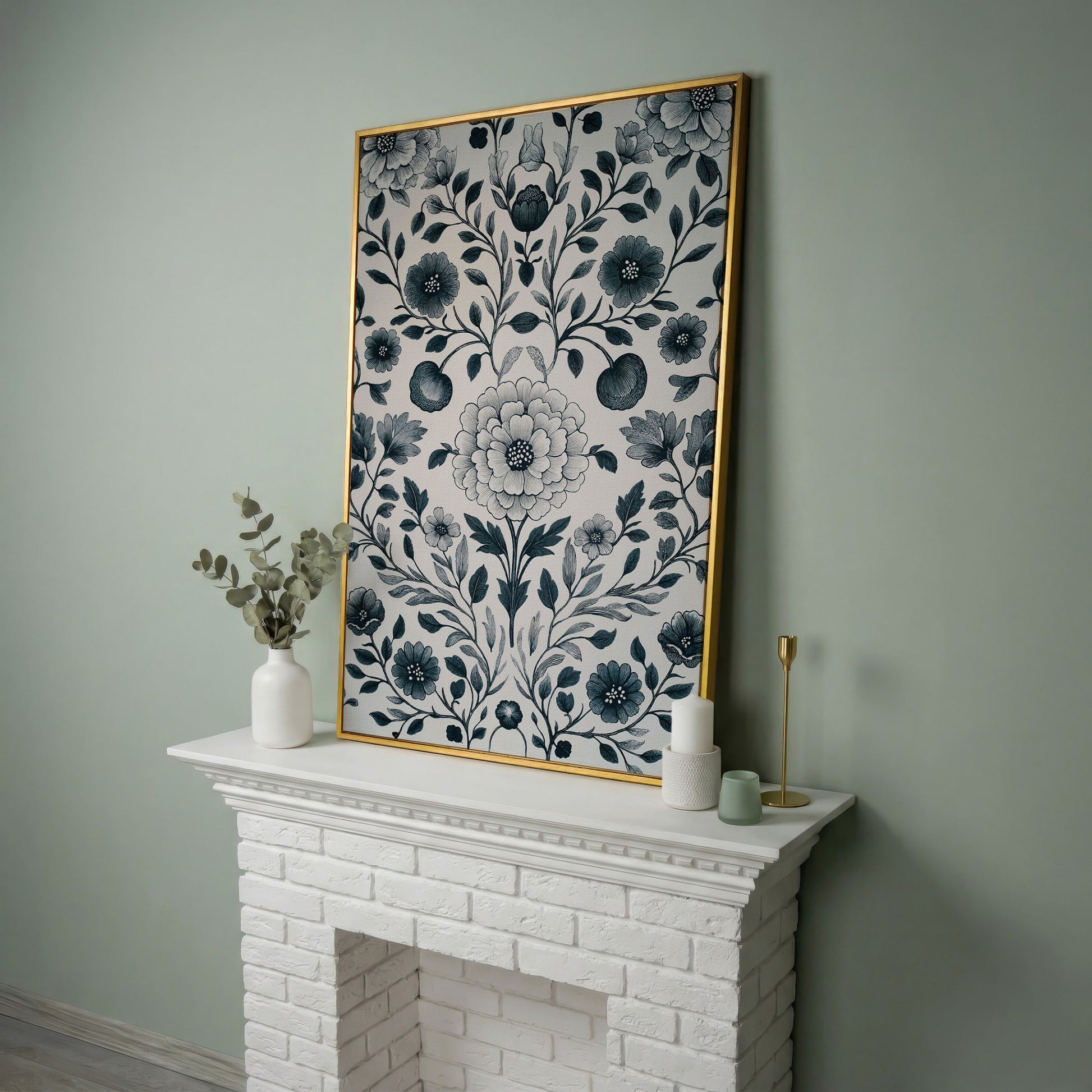 William Morris Floral Canvas Art, Botanical Leaves and Stems in yellow gold floating frame