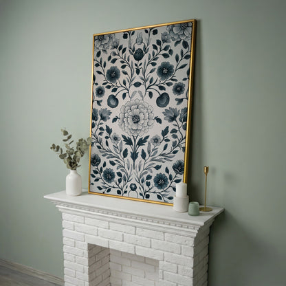 William Morris Floral Canvas Art, Botanical Leaves and Stems in yellow gold floating frame
