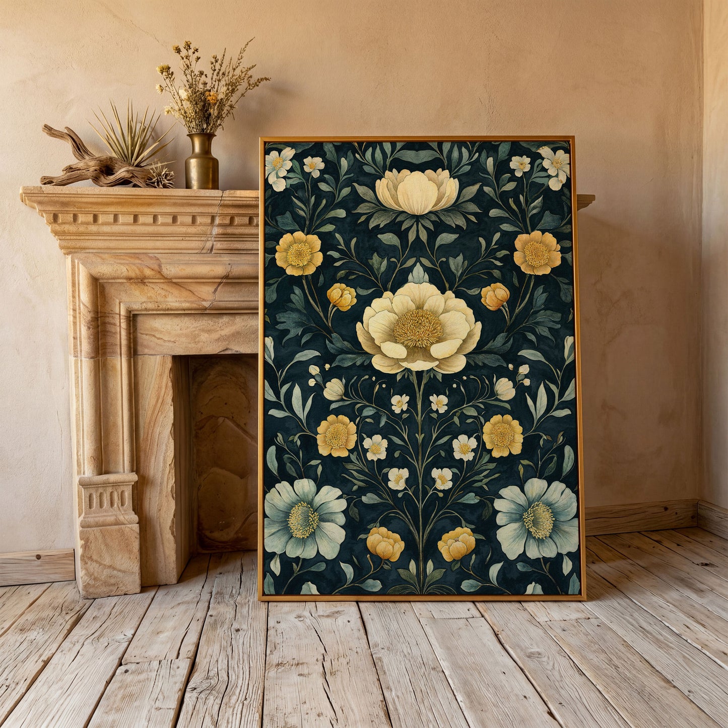 Yellow Peony and Daisy Canvas Print in antique gold floating frame