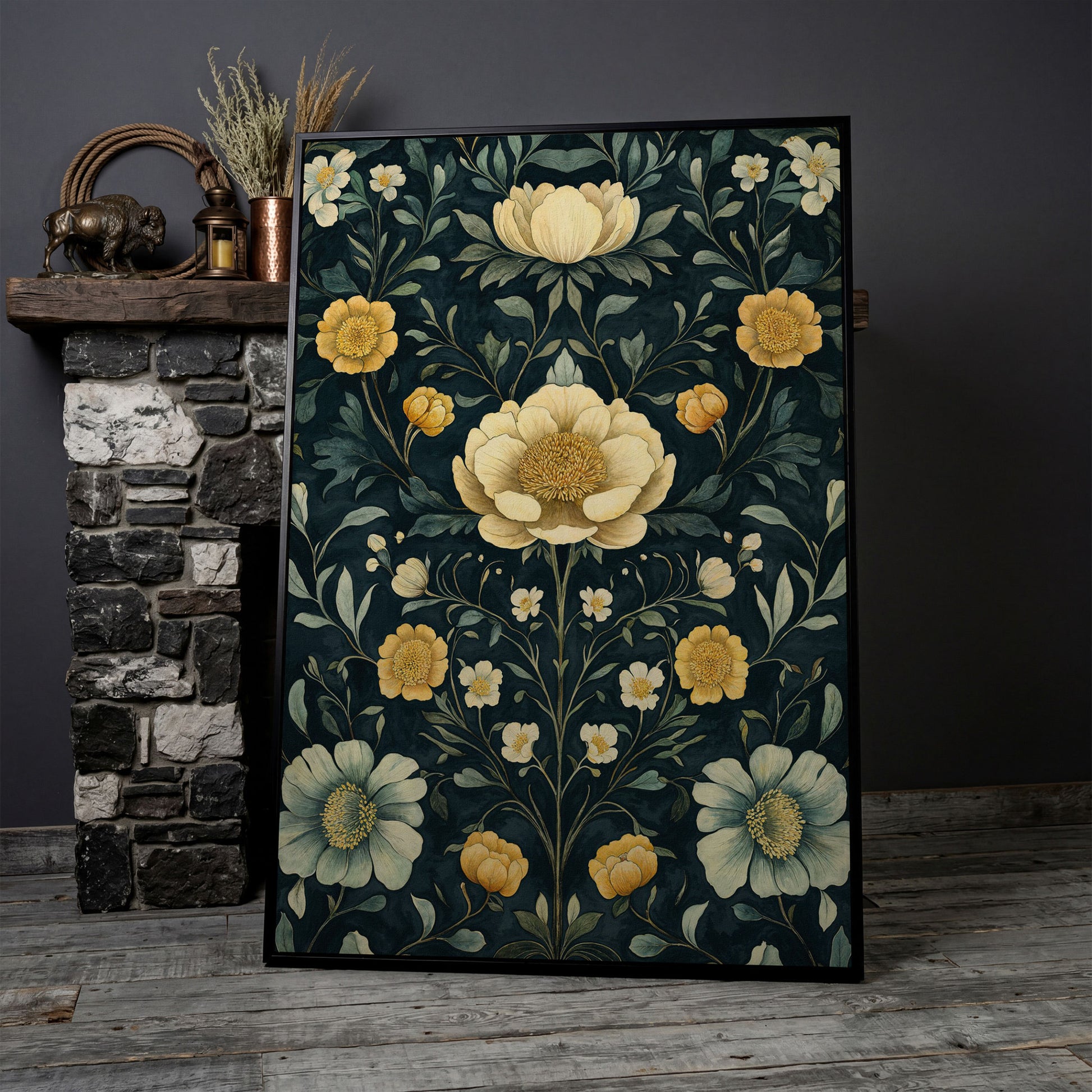 Yellow Peony and Daisy Canvas Print in black floating frame