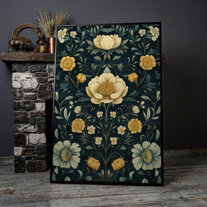 Yellow Peony and Daisy Canvas Print in black floating frame