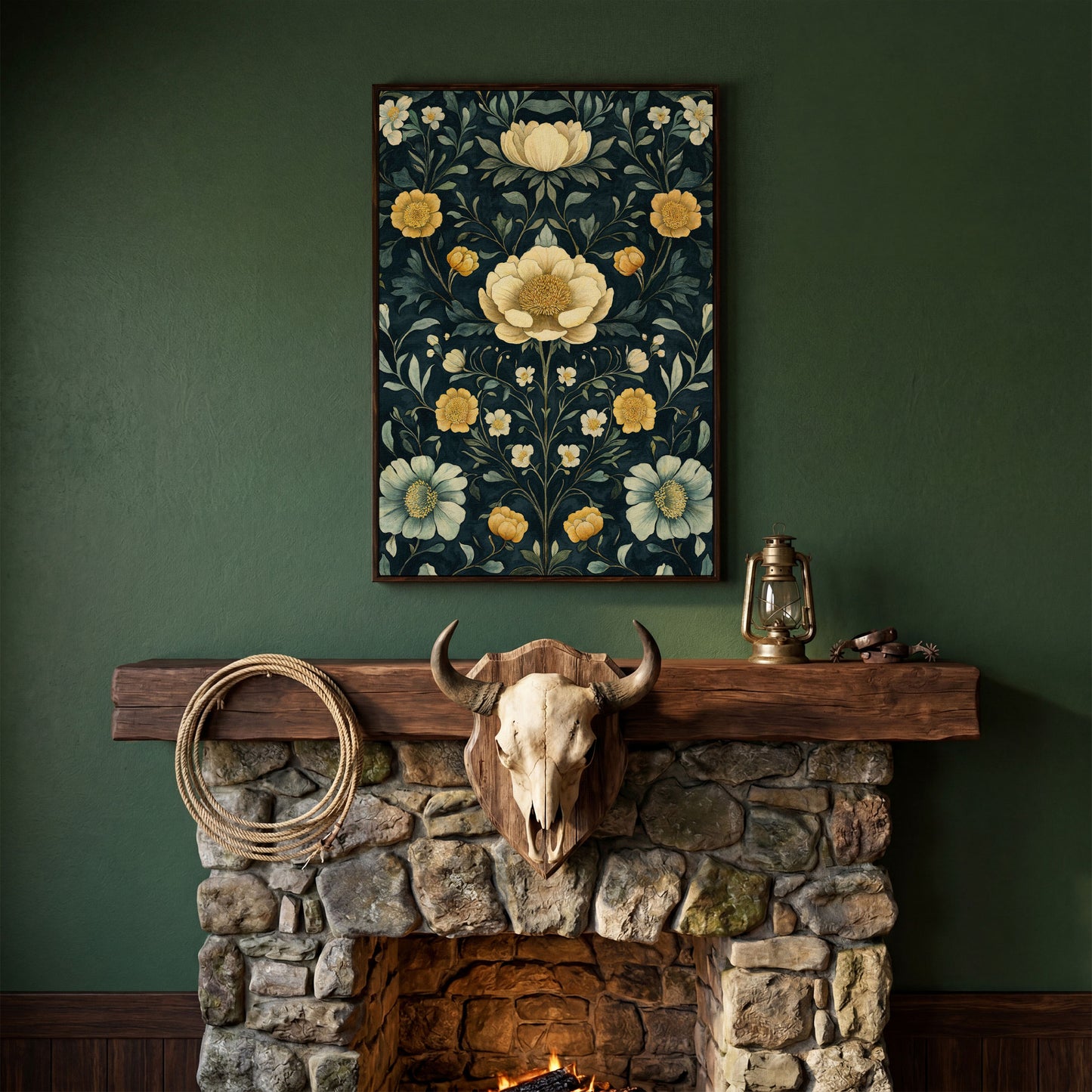 Yellow Peony and Daisy Canvas Print in dark walnut floating frame