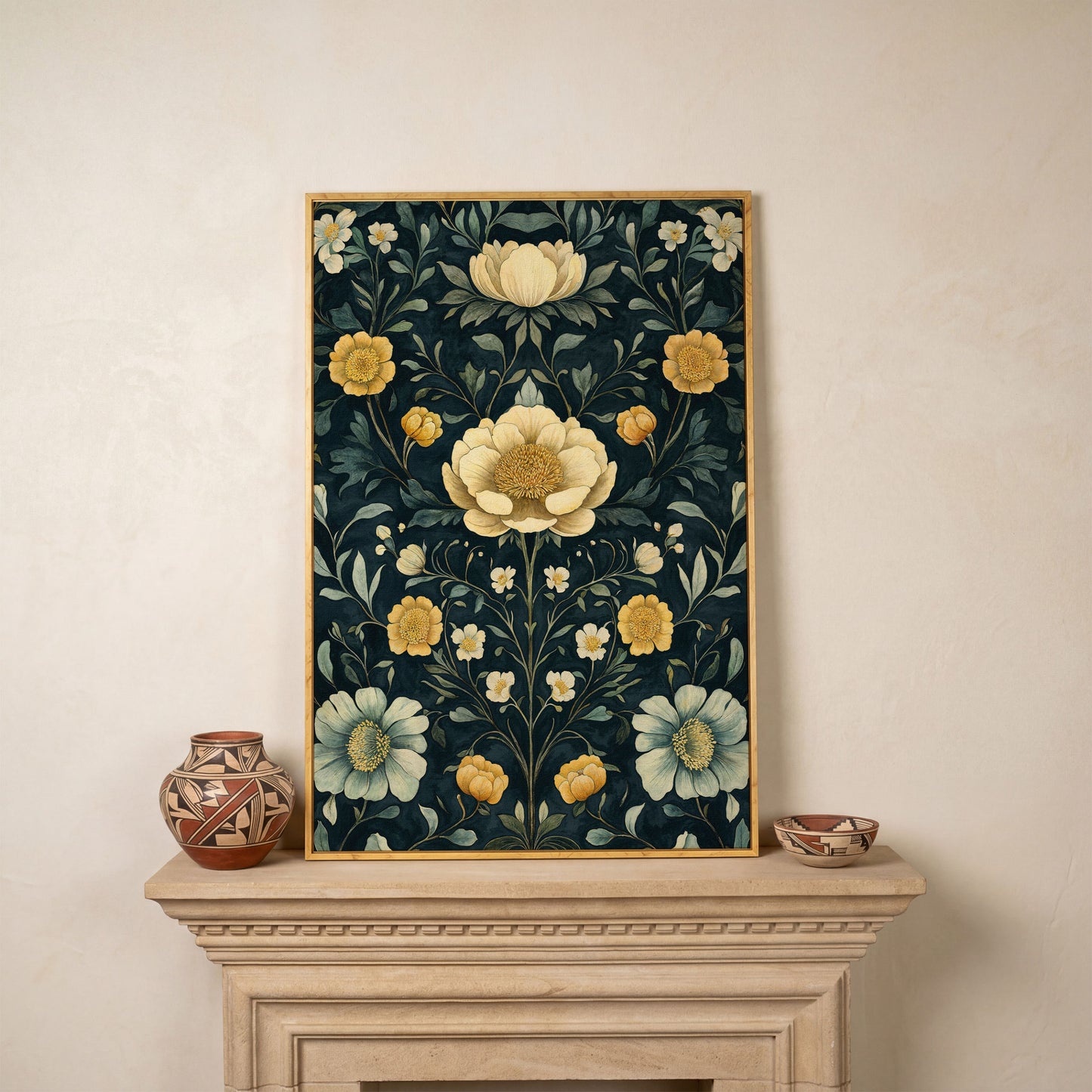 Yellow Peony and Daisy Canvas Print in white oak floating frame