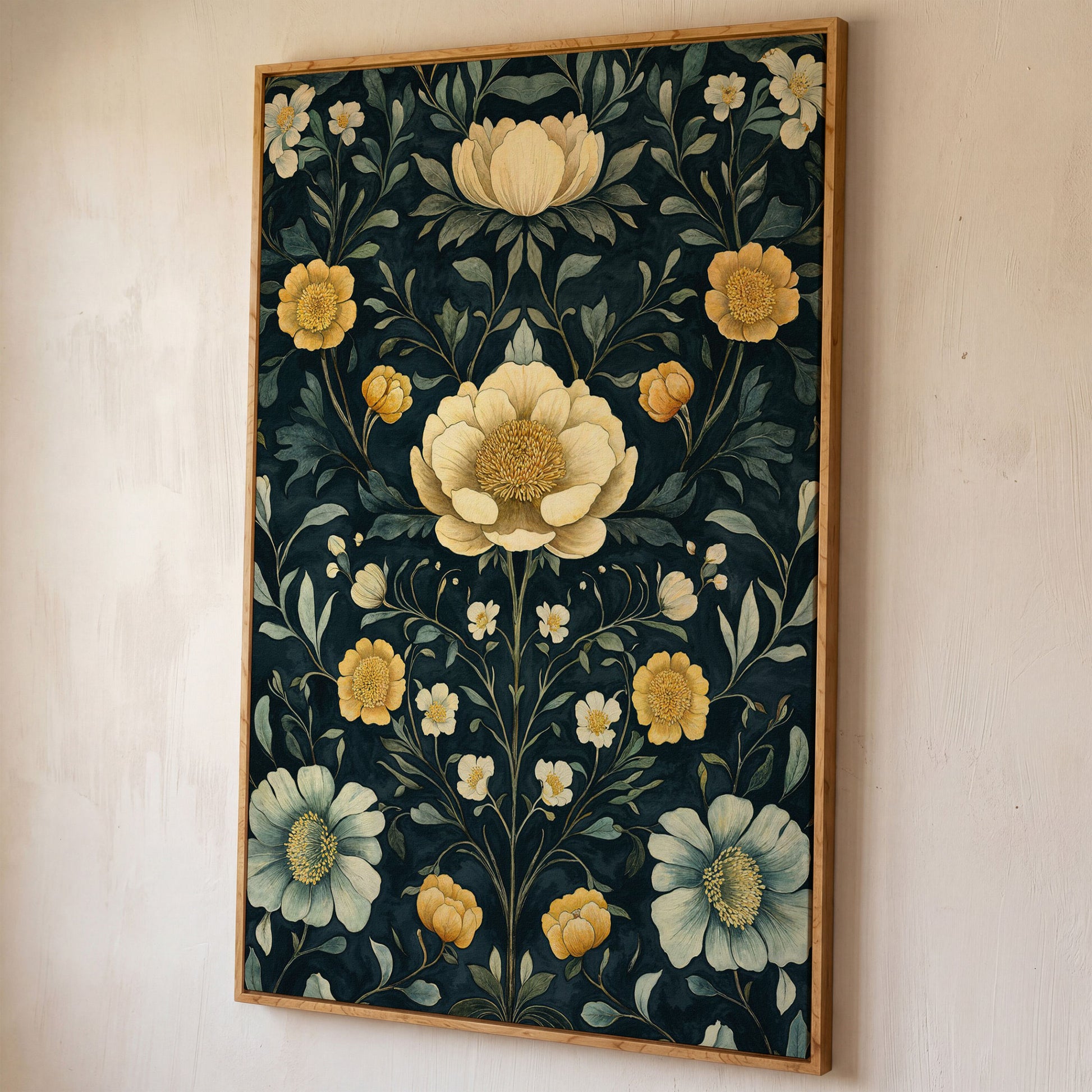 Yellow Peony and Daisy Canvas Print shown in white oak floating frame