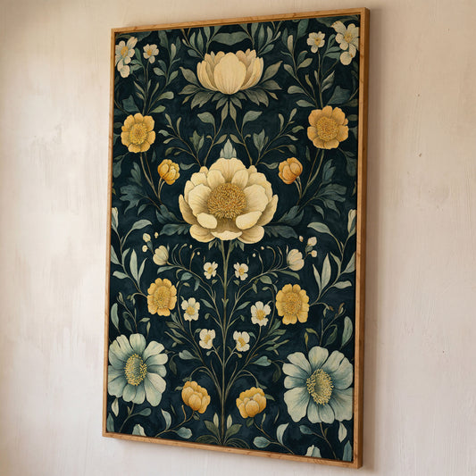 Yellow Peony and Daisy Canvas Print shown in white oak floating frame